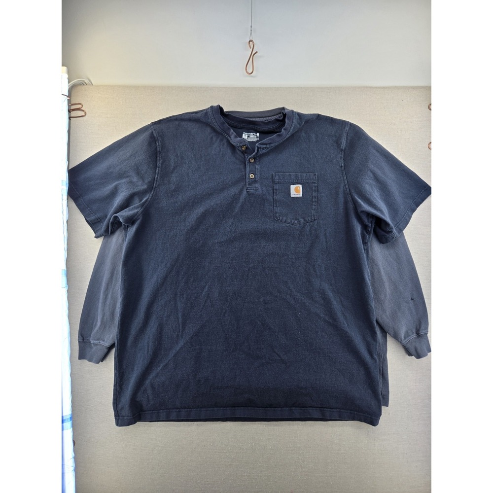 Lot (2) Carhartt Henley Shirts Mens 2XL Blue Long/short Sleeve Pocket Workwear